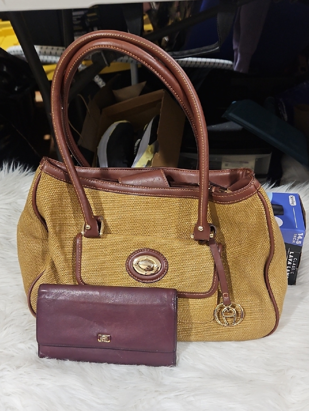 Elienne Aigner Set Brown Trim Mustard Woven Tote Bag with Maroon Wallet